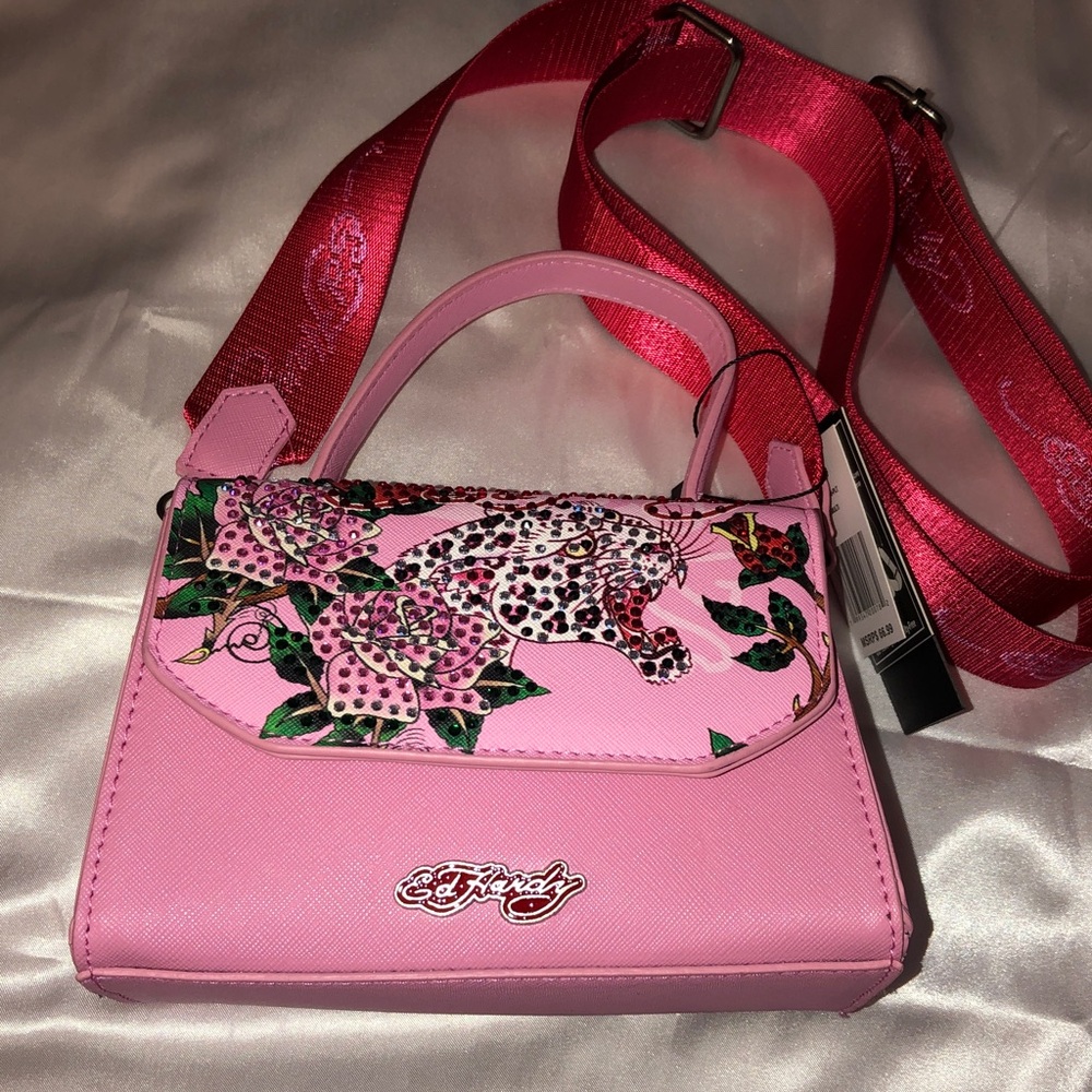 Ed Hardy Pink Multi Faux Leather Top Handle Crossbody Bag Leopard & Floral NWT - Picture 15 of 16